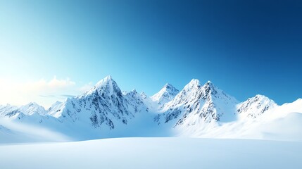 Majestic snow-covered mountains under a clear blue sky, serene winter landscape.