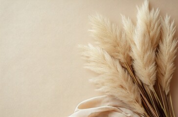 Soft pampas grass arranged elegantly on a light background with flowing fabric in natural tones