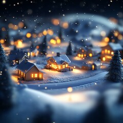 Snowy village with illuminated houses and soft winter backdrop, magical holiday scene.