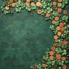 Bright green clovers and golden coins on a dark textured surface for festive fun