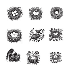 Obraz premium Collection of Birds Nest silhouette Design - Eggs Nest Vector illustration