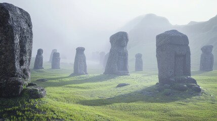 Mystical Valley of Ancient Monoliths: Enigmatic Carvings Unveil Forgotten Tales in the Mist