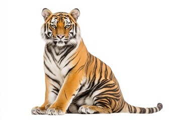 Obraz premium Striking full length portrait of a serious tiger sitting upright on a white background isolated