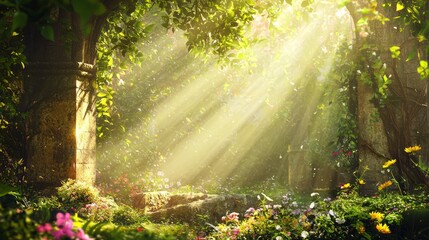 Obraz premium Mystical Sunlit Grove with Hidden Spring and Sacred Remnants Enveloped in Lush Greenery and Vibrant Flowers | Ultra-Detailed Nature Scene