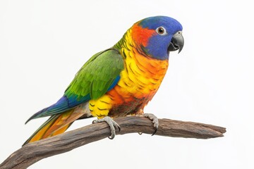 Colorful parrot portrait with vibrant feathers and curious expression on branch, minimalistic style isolated