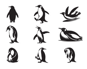 Naklejka premium Collection of Cute Emperor Silhouette ClipArt Design - Emperor penguin Vector illustration in black and white