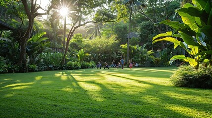 Picture of a lush green lawn in a large garden. Green grass with a beautiful yard for the background.