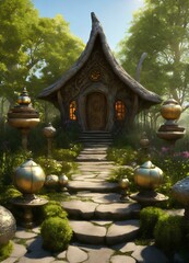 Fototapeta premium Fairytale house in the forest. Light in the windows