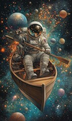 Naklejka premium Astronaut rowing a boat in space.