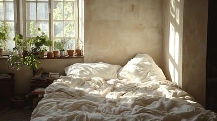 A cozy bedroom with a white bed and white curtains, bathed in sunlight streaming through the window.