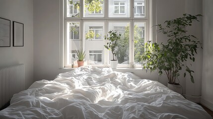 A cozy bedroom with a white bed and white curtains, bathed in sunlight streaming through the window.