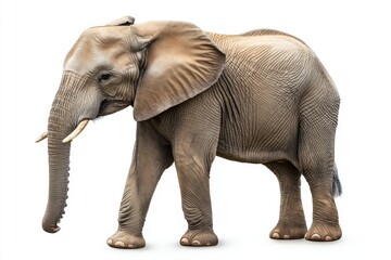 Elegant portrait of a thoughtful elephant standing gracefully against a clean white background isolated