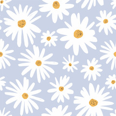Seamless ink drawn chamomile flowers pattern. Fashion floral petal texture made with brush. Creative fabric, textile, wallpaper background.