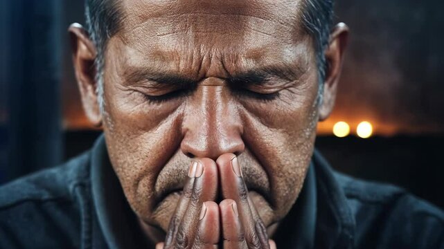Intense prayer of middle-aged Hispanic man, deep connection to faith