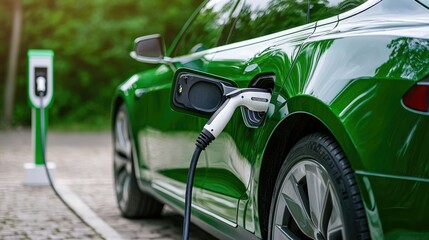Naklejka premium A sleek green electric car is charging at a station, showcasing the future of eco-friendly transportation.