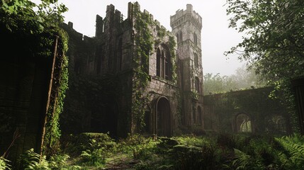 Obraz premium Echoes of Majesty: Eerie Abandoned Castle Engulfed by Nature's Embrace