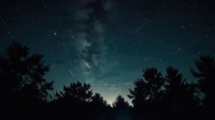 A breathtaking view of the Milky Way galaxy shining brightly in the night sky, framed by tall, dark trees.