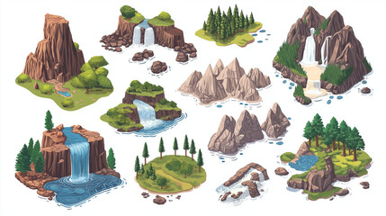 isometric mountain landscape with wild terrain forests rocks river and waterfall vector set