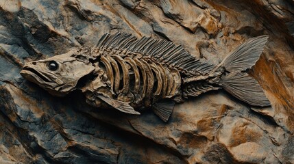 Naklejka premium Fossilized remains of a bony prehistoric fish found embedded in ancient shale rock.