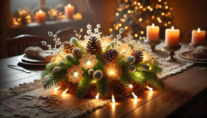 Festive Centerpiece with LED Lights and Pine Branches
