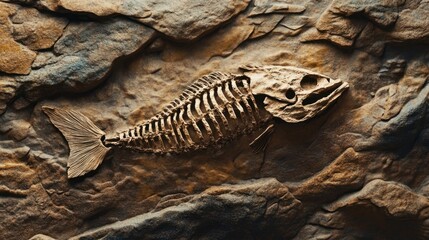 Naklejka premium Fossilized remains of a prehistoric fish embedded in stone, showcasing its skeletal structure.