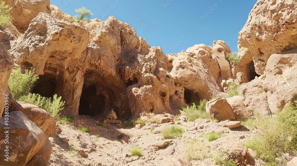 Wall mural hidden cave of ancient relics: explorers uncover treasure trove on rocky hillside - ultra-detailed d