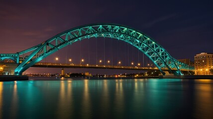 Naklejka premium A teal-colored arch bridge illuminated at night with reflections in the water.