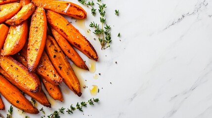Roasted glazed carrots with honey and thyme, isolated on a white marble background with sprigs of fresh herbs