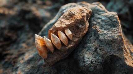 Obraz premium Fossilized teeth of a prehistoric predator embedded in rock, showing sharp edges.