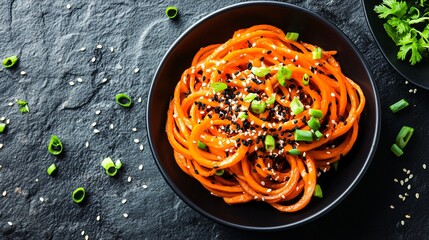 Spiralized carrot noodles with a sesame dressing, isolated on a black stone background with sliced green onions and sesame seeds