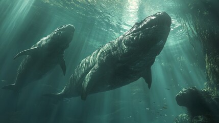 Naklejka premium Giant marine reptiles from the Jurassic period gliding through an ancient, prehistoric ocean.