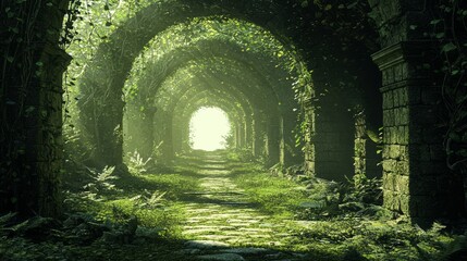 Enchanted Forest Trail with Moss-Covered Stone Archway - Atmospheric and Mysterious Pathway through Ancient Woods