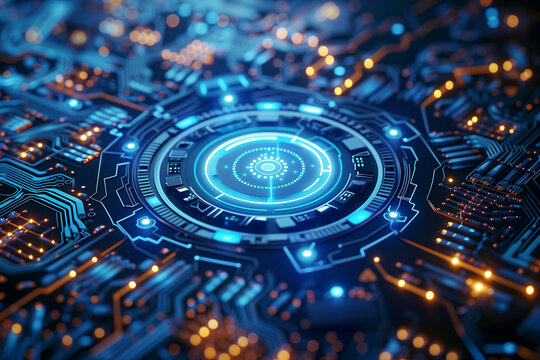 Advanced digital technology background featuring a detailed futuristic circuit board with glowing blue elements and central circular interface