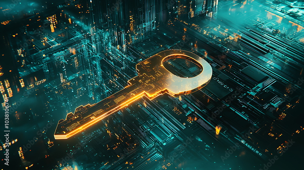 Poster Futuristic digital key in a high-tech environment unlocking the future of security and innovation in the digital age