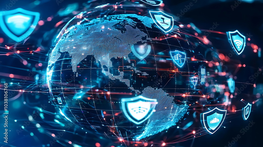 Poster Exploring the digital globe a visualization of cybersecurity icons and global network connections in the digital age