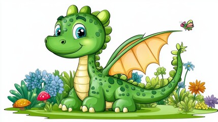 Fototapeta premium Cute Green Dragon Cartoon Character in Garden with Flowers and Mushrooms