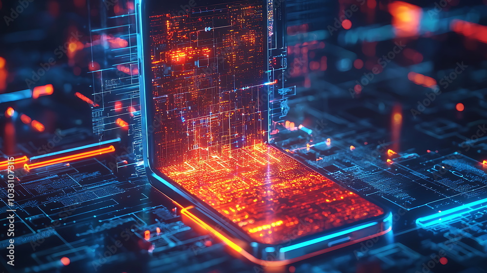 Poster Exploring the intersection of technology and design a futuristic smartphone amidst a glowing circuit board landscape