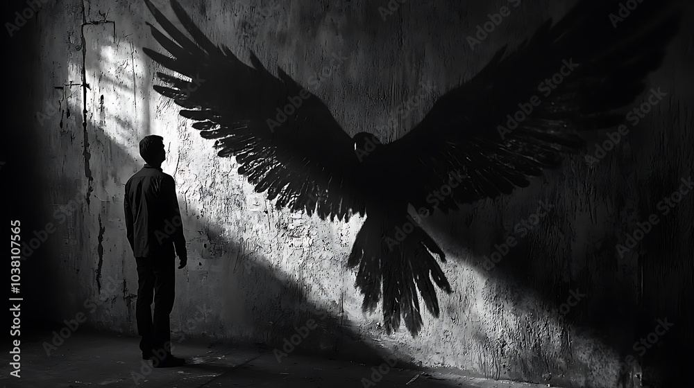 Poster Exploring the profound connection between humanity and nature as a silhouetted figure encounters an enigmatic winged shadow on a wall