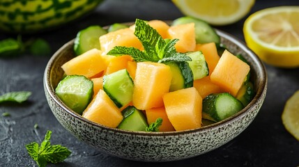 Honeydew melon and cucumber salad with a lime vinaigrette, isolated on a dark backdrop with mint sprigs and lemon wedges