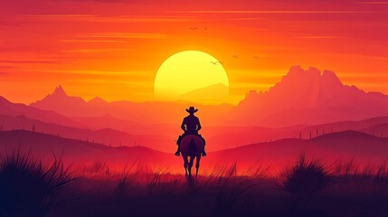 Lone Cowboy Riding Towards Sunset with Mountain Landscape