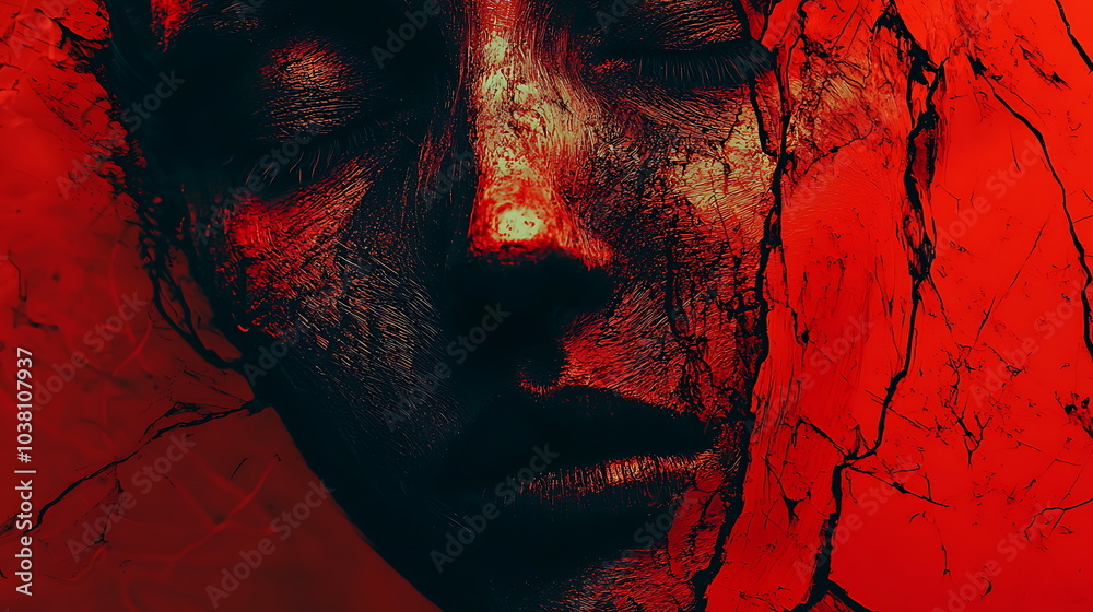 Poster dramatic exploration of emotion an expressive portrayal of a face wrapped in intense red textures an
