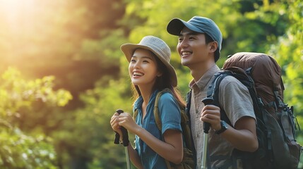 Fototapeta premium A couple smiles and looks out at a forest while hiking.