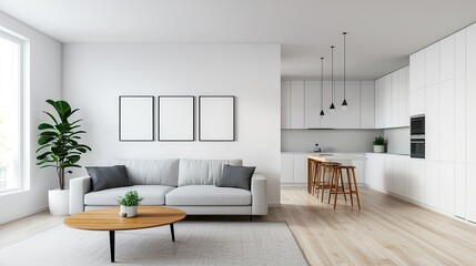 A modern, minimalist living room featuring a light sofa, wooden coffee table, and a lush green plant, complemented by bright, airy walls.