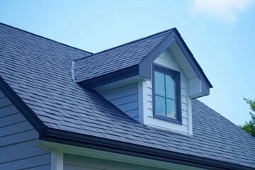 A close-up view of a house roof featuring a gable and a window, showcasing architectural design and materials.