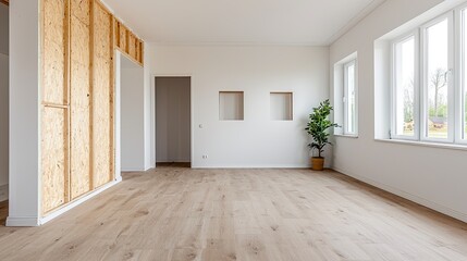 Fototapeta premium A spacious, minimalistic living area featuring natural lighting, wooden flooring, and a partially finished wall with a decorative plant.