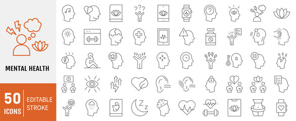 Psychology and mental icons collection. Containing mental health, anxiety, psychology, psychotherapy icon. Simple line vector illustration