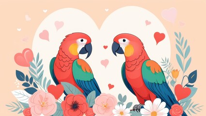 Colorful vector illustration of two lovebirds perched on a branch surrounded by flowers, leaves, and hearts. Perfect for romantic and nature-themed designs.