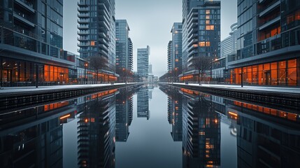 Obraz premium Reflections of buildings on a rainy city street