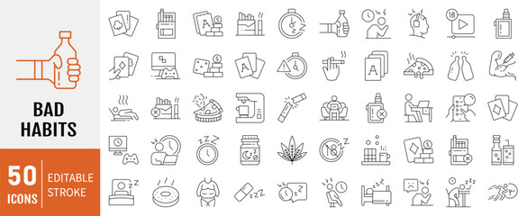 Bad habits icon collection. Containing smoking, drunk, stay up, junk food, playing card, gambling, over sleep and addiction icons. Simple line vector illustration