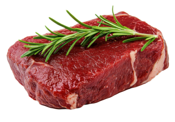 A raw steak garnished with fresh rosemary, showcasing rich red meat against a white background. transparent background